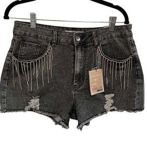 NWT Love Cult High Rise Cutoff Shorts L Black Distressed Rhinestone‎ Fringe